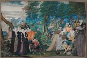 Juhlat ulkoilmassa. Allegoria aviollisesta rakkaudesta, n. 1590-1595 (guassi ja vesiväri pergamentille, joka on liimattu kartongille).